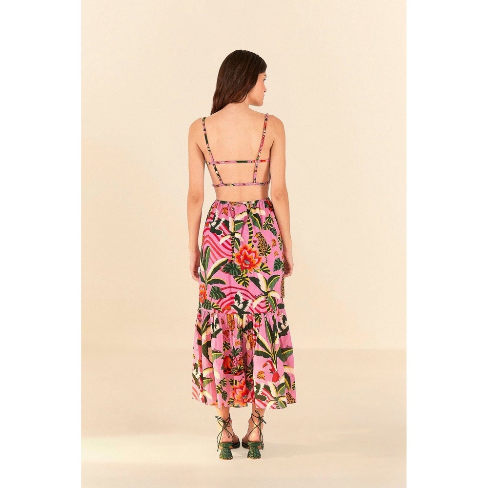 FARM RIO Pink Leopard Forest Midi Dress 100% Cotton Pink Tropical Backless S - Picture 4 of 16